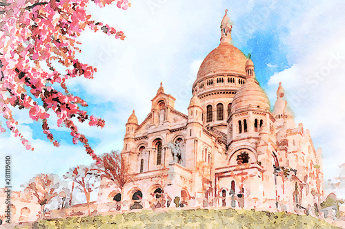 Beautiful Digital Watercolor Painting of the Sacre Coeur in Paris, France in spring.