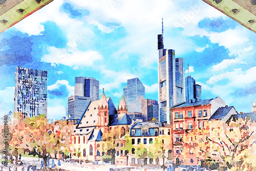 Beautiful Digital Watercolor Painting of Frankfurt am Main, Germany.