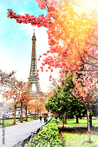 Photography Beautiful Digital Watercolor Painting of the Eiffel Tower in Paris, France in spring