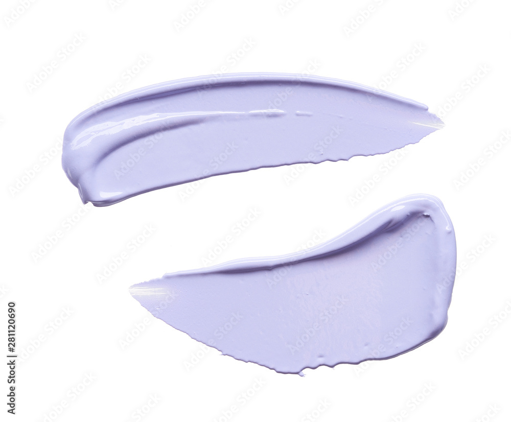 Fototapeta premium Gently purple strokes and texture of face cream or acrylic paint isolated on white background