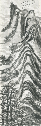 Chinese pines and mountain landscape in a fog . Watercolor and ink illustration in style sumi-e, u-sin, go-hua. Oriental traditional painting. Monochrome