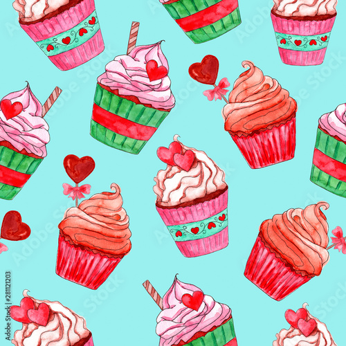Seamless pattern with watercolor cupcakes and hearts on blue background. Hand drawn illustration. Fabric and paper design