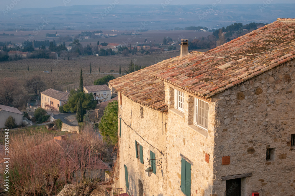 Typical buildings, streets and church of Gigondas, France