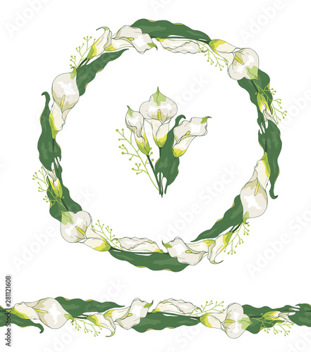 Round wreath with calla lily flower or zantedeschia isolated on white. Seamless horizontal pattern brush.