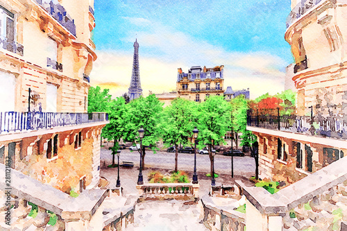 Beautiful Digital Watercolor Painting of the steets of Paris, France with the Eiffel Tower in the background.