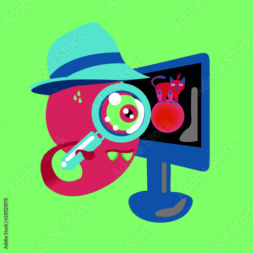 The pink monster holds a magnifying glass in the tail and looks through it at the computer`s manitor on which is the image of a cat on a large ball of yellow color photo