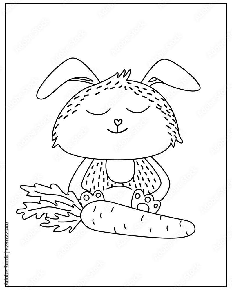 Fototapeta premium Coloring page with Cute rabbit in doodle style