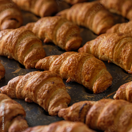 close up of freshly baked crusty croissant on buffet line background. A tray with fresh croissant bread puff pastry at a local bakery