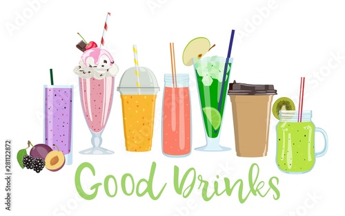 Set of summer soft drinks. Juices, smoothies, coffee. Vector illustration.