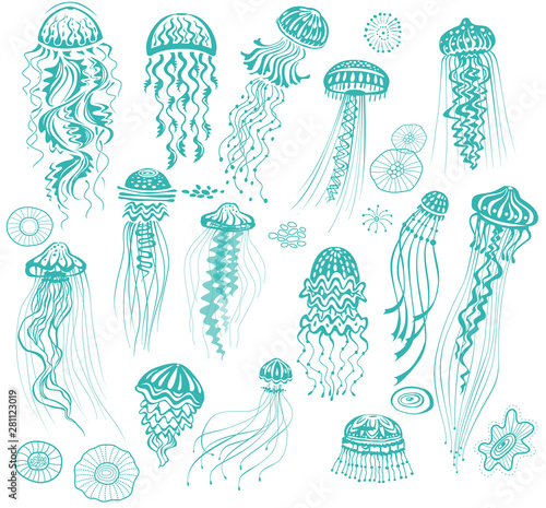 Set of decorated Hand drawn Jellyfishes