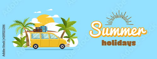 Happy family driving in car on weekend holiday, summer holidays, planning summer vacations, travel by car, summer holiday, Tourism and vacation theme. Flat design vector illustration.