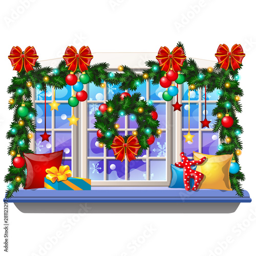 Cozy interior home window with decoraions and baubles isolated on white background. Sample of Christmas poster, party holiday invitation, festive card. Vector cartoon close-up illustration. photo