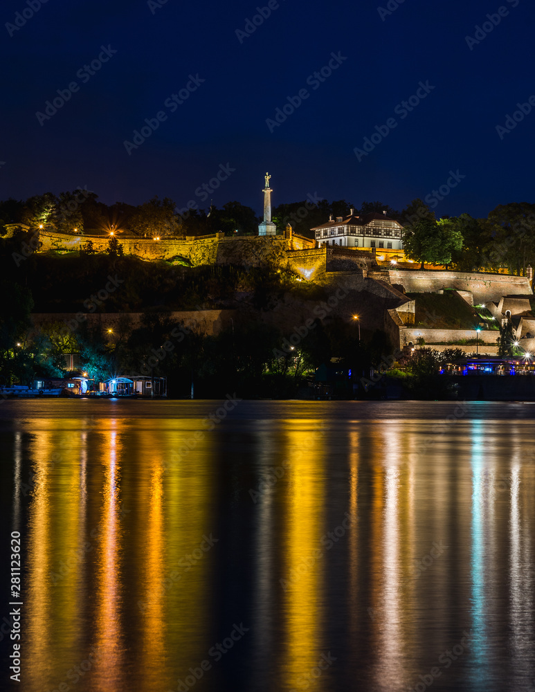 View on Victor monument on Kalemegdan fortress at night in Belgrade Serbia