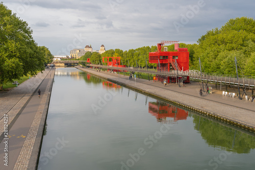 Paris, France - 05 06 2019: View of the canal of La Vilette and the Park photo