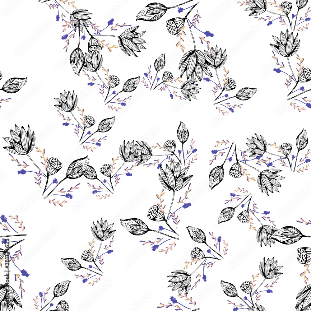 Fototapeta premium Lotus flower hand drawn in beautiful style. Floral seamless pattern. Simple vector illustration.