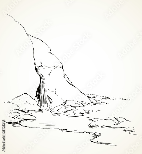 Waterfall in the desert. Oasis. Vector drawing
