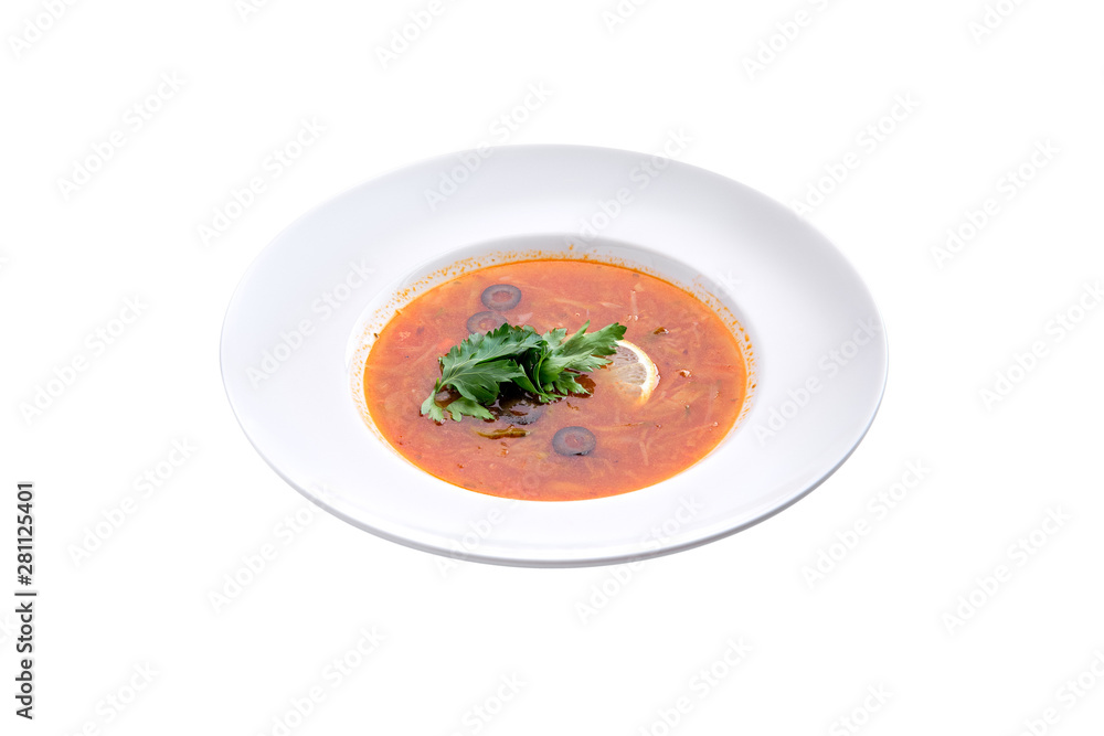 Traditional solyanka sour soup isolated on white Traditional solyanka sour soup isolated on white