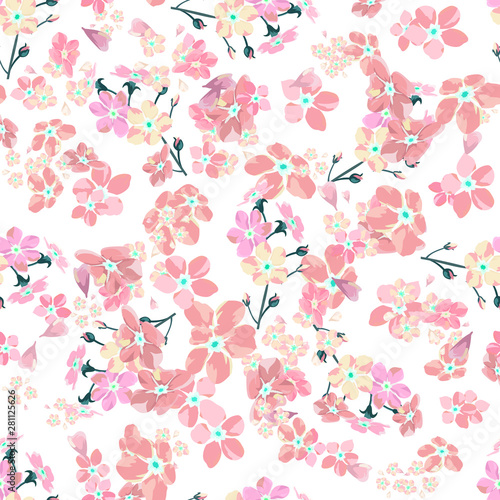 gentle little flowers and petals flying aside the botanical pattern of small colored wildflowers