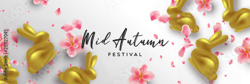 Mid autumn banner gold rabbit and 3d pink flower