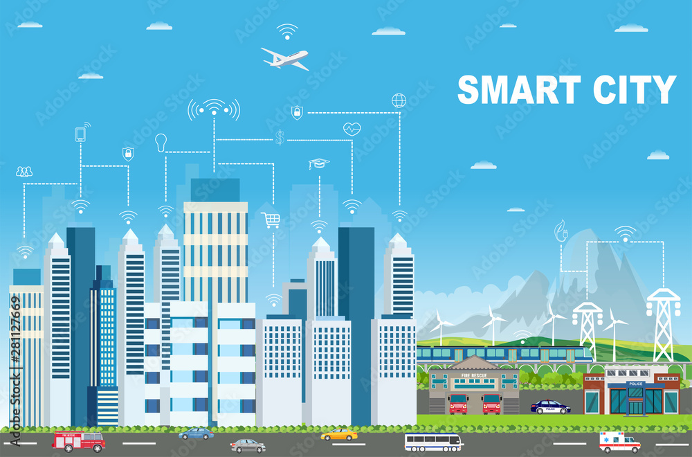 Obraz premium Vector of urban landscape with technology icons connecting modern buildings and different transportation