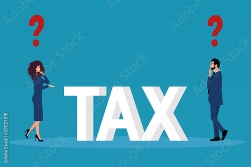 Vector of a young couple business man and businesswoman having tax related questions