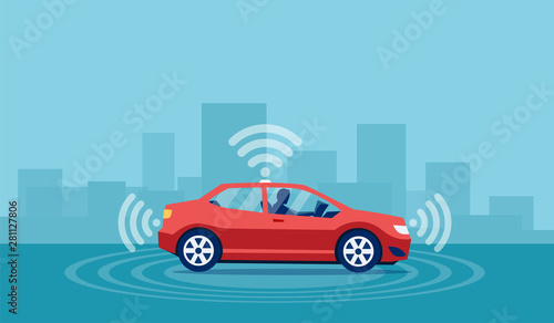 Vector concept of a driverless car with man sitting inside reading a book