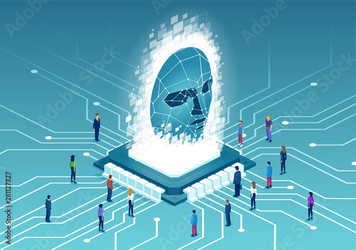 Vector of diverse people connected by modern technology computer chip
