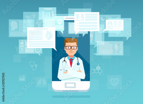 Vector of a man doctor on the phone screen answering questions