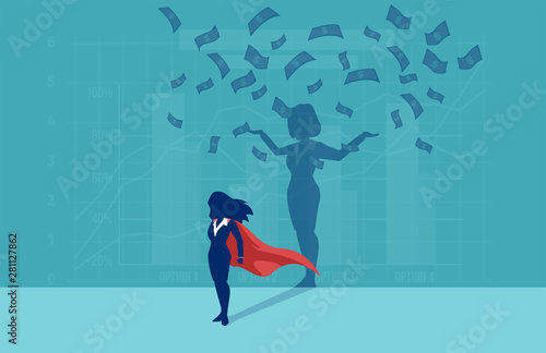 Vector of a super hero business woman with her successful shadow under money rain
