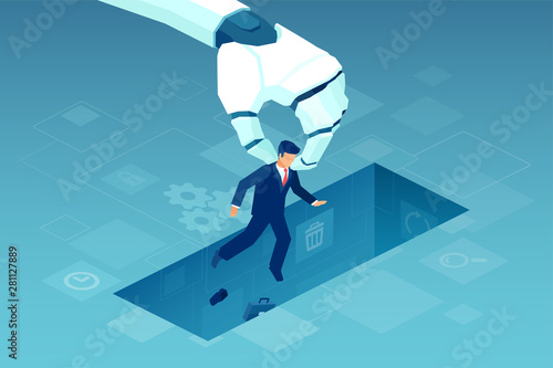 Vector of a giant robotic arm holding a small businessman, AI replaces in the work human labor