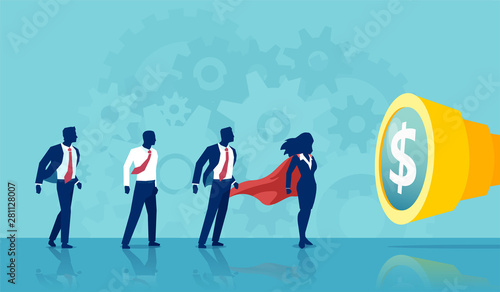 Vector of a super hero businesswoman leading a group of business people.