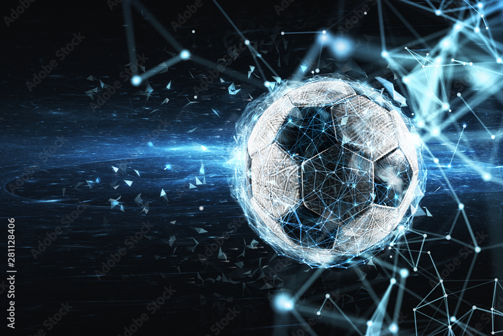 Soccer ball with internet network effect. Concept of digital bet - obrazy, fototapety, plakaty 