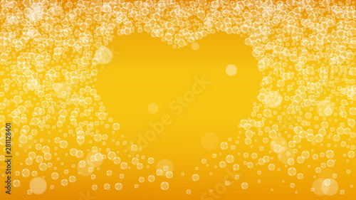 Beer background. Craft lager splash. Oktoberfest foam. pab banner template. Bubbly pint of ale with realistic white bubbles. Cool liquid drink for Gold bottle with beer background.