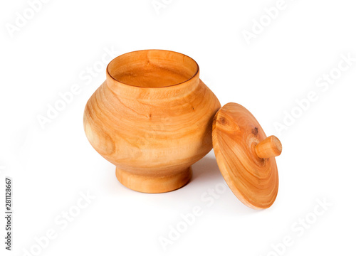 Wooden pot with lid opened isolated on white background