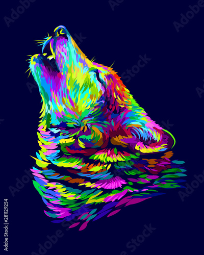 Wolf howls. Abstract, colorful, neon portrait of a wolf's head on a dark blue background in pop art style.