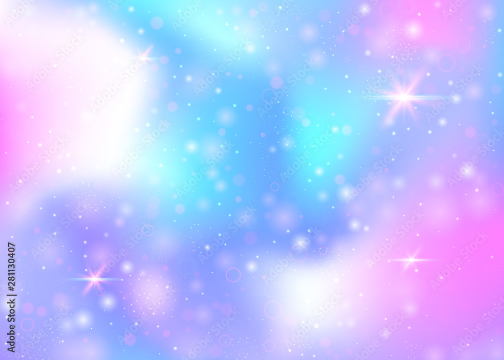 Unicorn background with rainbow mesh. Girlish universe banner in princess colors. Fantasy gradient backdrop with hologram. Holographic unicorn background with magic sparkles, stars and blurs.