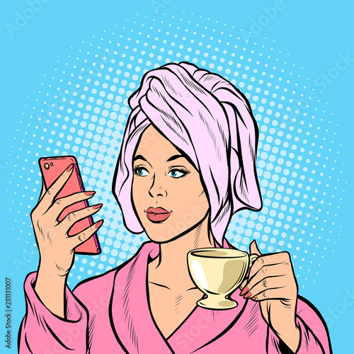 woman morning bathroom coffee smartphone