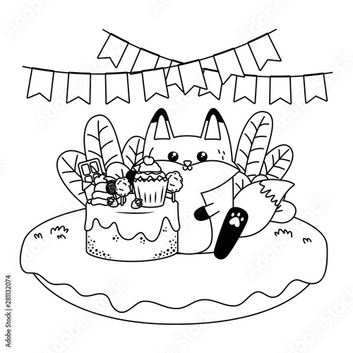 Kawaii fox with happy birthday cake design