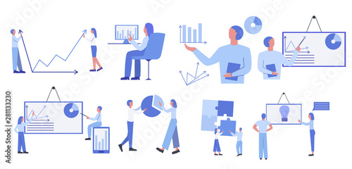Statistical analysis metaphor set. People analysing charts, connecting puzzles or charts elements. Symbol of financial management, statistics and business report. Flat vector illustration.