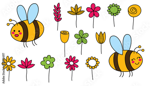 Cut set of cartoon bees and flowers hand drawn childish. Vector illustration.