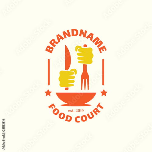 Food court logo with hand hold knife and fork