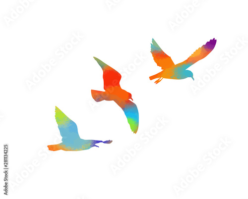 Multi-colored birds. A flock of flying rainbow birds. Vector illustration © Мария Неноглядова