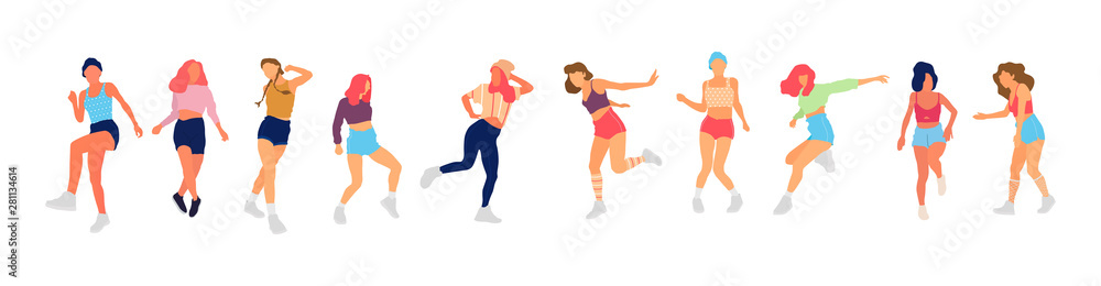 Crowd of young people dancing at club. Big set of characters having fun at party. Flat colorful vector illustration. - Vector