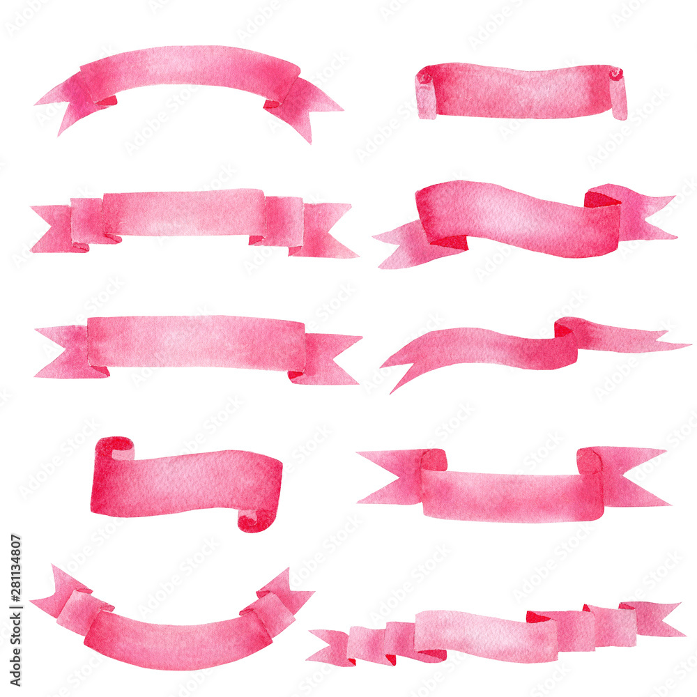 Beautiful rose pink ribbon watercolour raster illustrations set