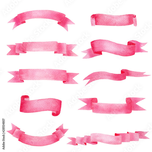 Obraz na płótnie Beautiful rose pink ribbon watercolour raster illustrations set w salonie