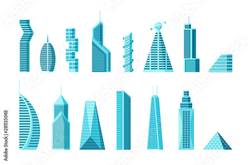 Future city building and skyscraper architecture collection. Futuristic multi-storey cyberpunk graphic town house set. Vector modern flat real estate construction illustration