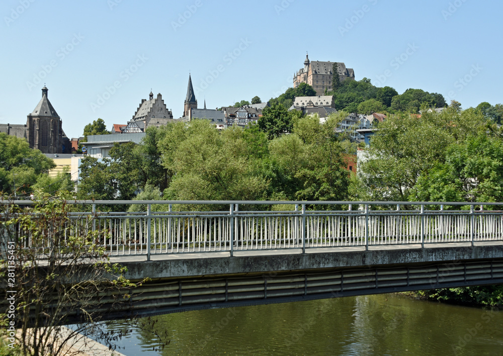 Marburg an der Lahn with bridge over the river and castle Marburg an der Lahn with bridge over the river and castle