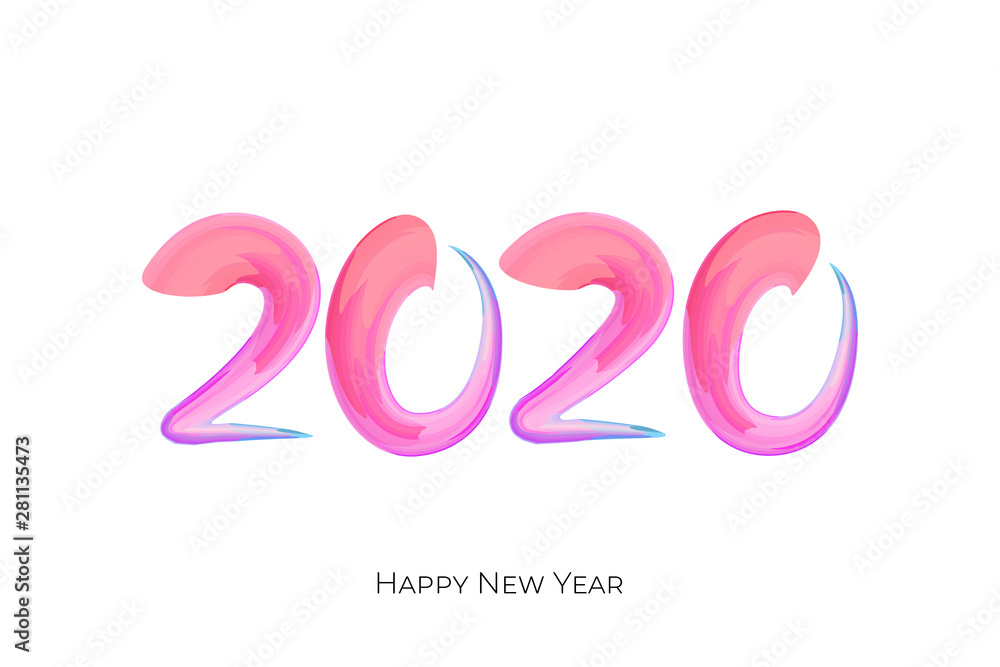 Happy New Year color brushstroke number 2020. Christmas winter holiday white greeting card calendar brochure template design. Vector acrylic paint calligraphy lettering text illustration Happy New Year color brushstroke number 2020. Christmas winter holiday white greeting card calendar brochure template design. Vector acrylic paint calligraphy lettering text illustration