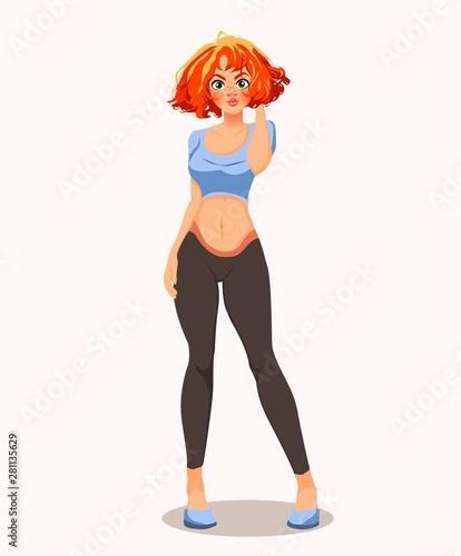Young pretty lady in a sportswear with modern female haircut. Vector illustration of a woman standing, full body portrait. Sport and fitness idea 
