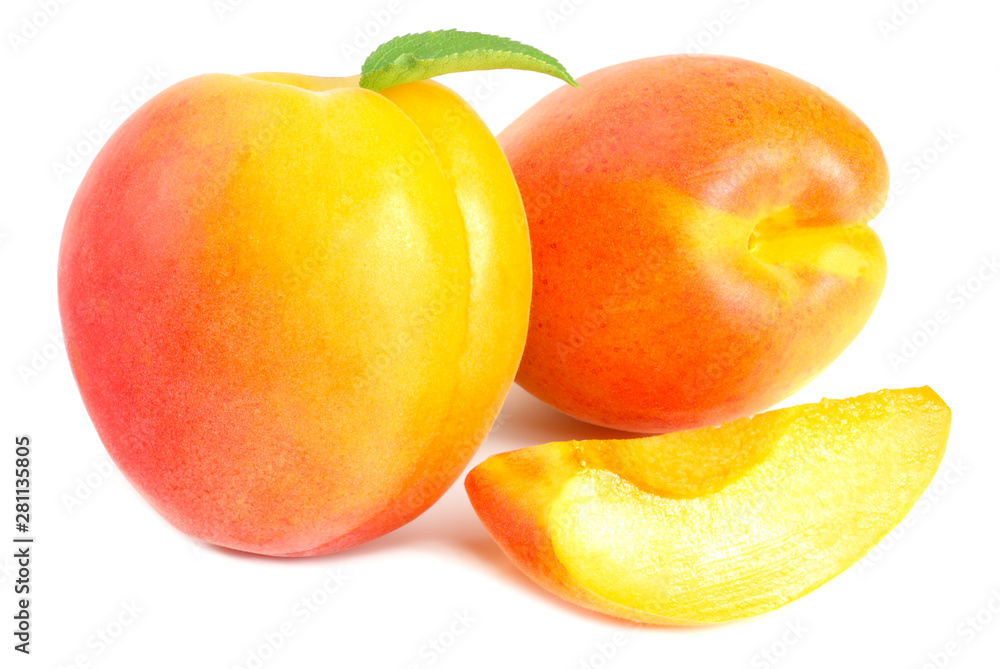 apricot fruits with slices and green leaf isolated on white background apricot fruits with slices and green leaf isolated on white background